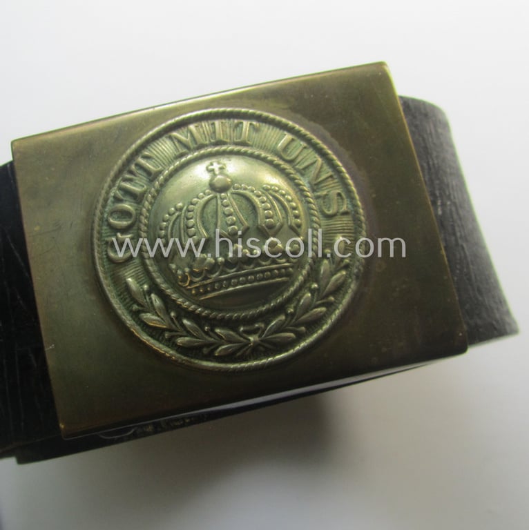 WWI-period (ie. 'Preussen'-related), copper- (ie. nickle-crome-) based, EM/NCO-type belt-buckle being a moderately used example that comes with its accompanying belt as issued and/or most certainly worn