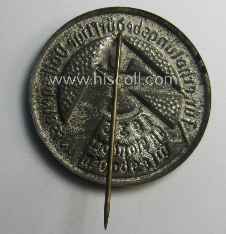 Commemorative - and fairly early-period! - greyish-silver-toned SA- (ie. 'Sturmabteilungen'-) related 'tinnie' entitled: 'Für erhohlungsbedürftige Volksgenossen - SA-Standarte Wiesbaden - 1935'