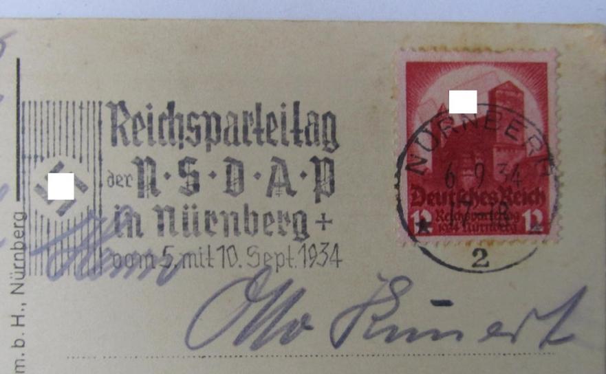 Attractive - and scarcely encountered! - semi-colourfull- ie. N.S.D.A.P.-related-, commemorative-, period-postcard entitled: 'Erinnerung an den Reichsparteitag der N.S.D.A.P. - Nürnberg 5.-10. Sept. 1934' 