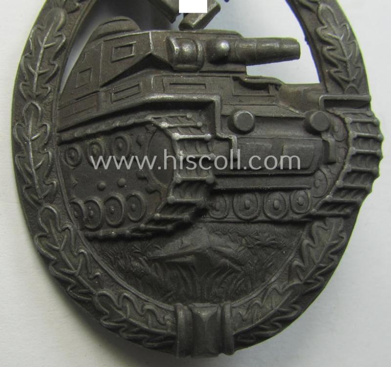 Superb, 'Panzerkampfabzeichen in Bronze' (or: hollow-back, bronze-class panzer assault badge or PAB) being a neat zinc- (ie. 'Feinzink'-) version (of the so-called: 'first'-pattern) as was procuced by the: 'Paul Meybauer'-company