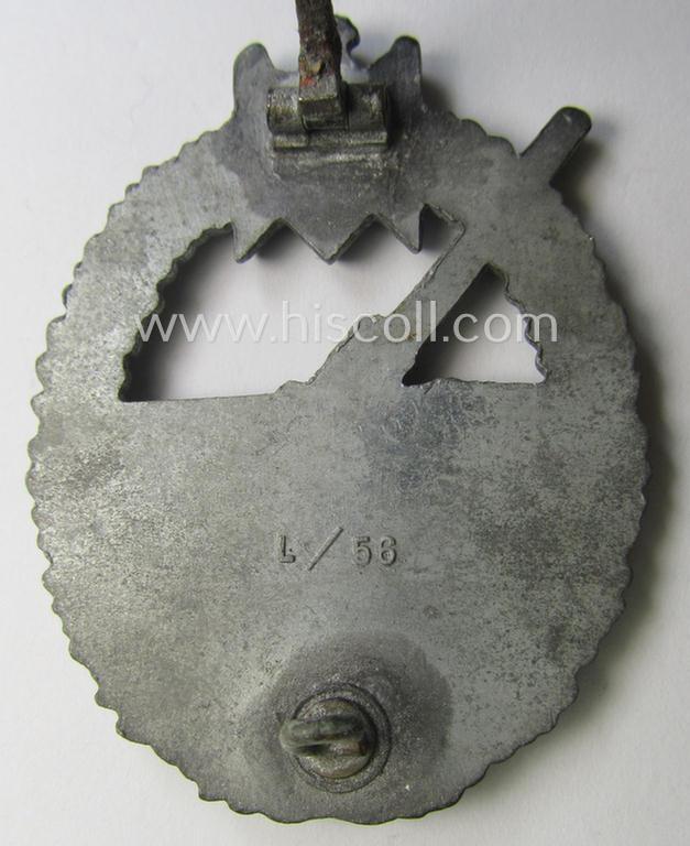 WH (Kriegsmarine) 'Marine-Artillerie-Abzeichen' being a clearly maker- (ie. 'L/56'- thus by: 'Funcke & Brüninghaus'-) marked and/or zinc- (ie. 'Feinzink'-) based example
