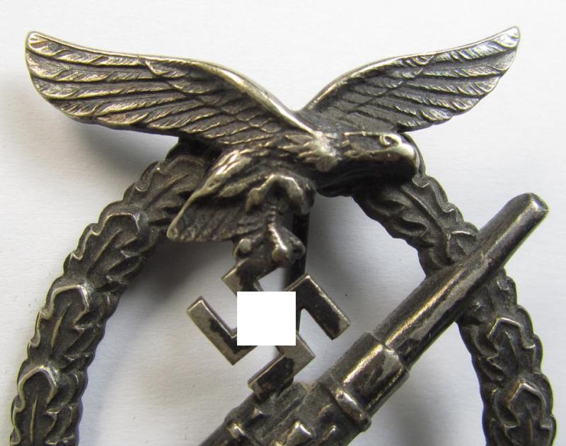 Superb, very early-period 'nickle-silver'-based- example of a maker- (ie. 'Brehmer'-) marked WH (Luftwaffe) 'Flakkampfabzeichen' (or: airforce anti-aircraft badge) being a detailed example as was produced by the: 'Gustav Brehmer'-company