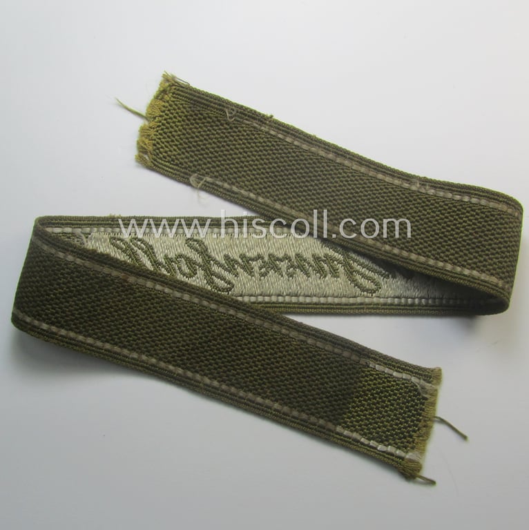Truly used- and/or tunic-removed - almost full length and scarcely encountered! - WH (Heeres) 'BeVo'-woven: 'FHH-Ärmelstreifen' (ie. cuff-title) as was intended for the soldiers- (ie. NCOs) serving within the: '60. Pz-Gren.-Div. “Feldherrnhalle”
