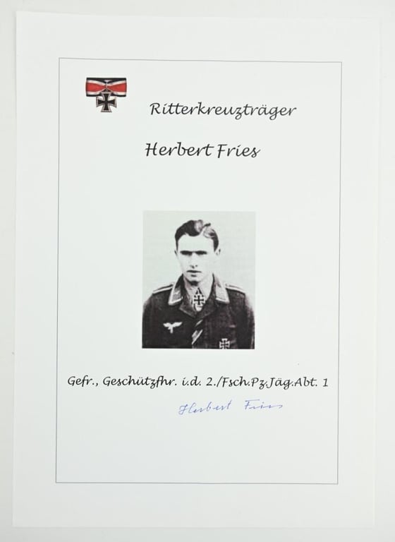 Signature of Luftwaffe Fallschirmjager KC Recipient 'Herbert Fries'
