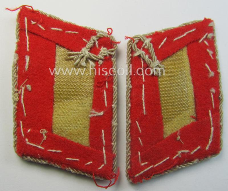 Attractive - just minimally used and/or fully matching! - pair of hand-embroidered WH (Luftwaffe) officers'-type collar-patches as executed in bright-red-coloured wool as was intended for usage by a: 'Major der Flak-Artillerie-Truppen'