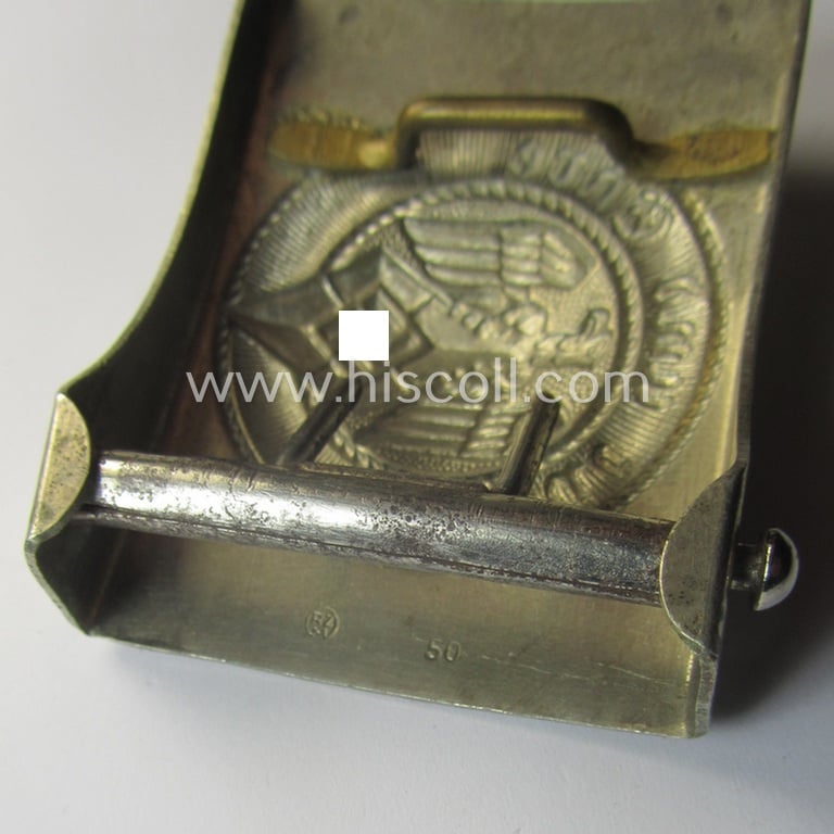 HJ (ie. 'Hitlerjugend') nickle-chrome-based belt-buckle being a neatly maker- (ie. 'RzM 50'-) marked specimen