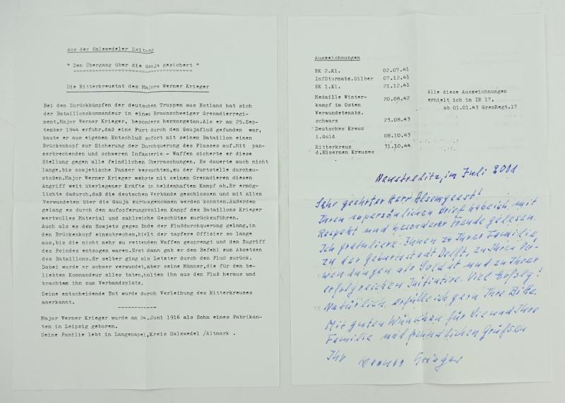 Signature of Wehrmacht Heer KC Recipient 'Werner Krieger'