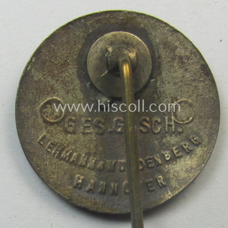 Neatly enamelled, 'Deutscher Radfahrer Verbandes'- (ie. D.R.V.-) related so-called: 'Mitglieds- o. Zivil-Abzeichen' being an attractive (and maker-marked!) example that shows a black-toned swastika upon which the letters: 'D.R.V.' are placed