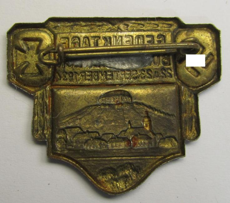 Commemorative golden-toned and/or tin-based (I deem): 'N.S.K.O.V.'-related 'tinnie' being a non-maker marked example showing the text: 'Gedenktage - Burg Höheneck - 22. 23. September 1934'