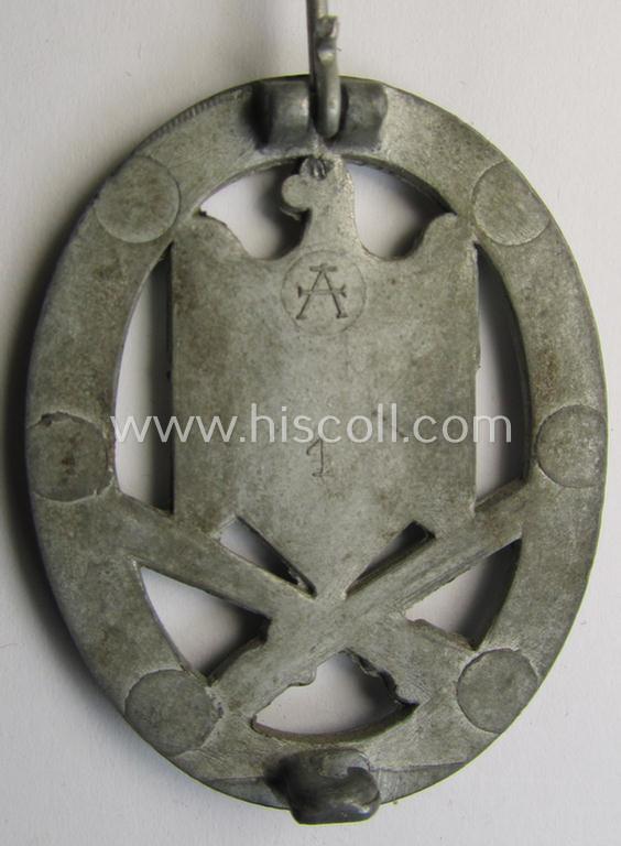 Attractive - and actually scarely seen! - 'Allgemeines Sturmabzeichen' (or: General Assault Badge ie. GAB) being a neatly maker (ie. 'A'-) marked, zinc- ie. 'Feinzink'-based-variant as was produced by the: 'Assmann & Söhne'-company