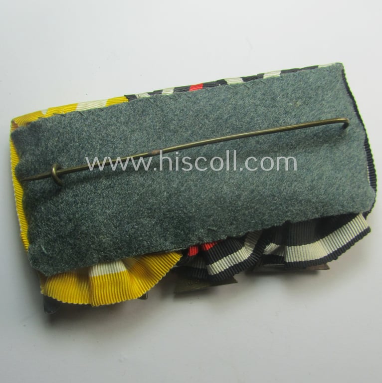 Superb - and unusually found! - WWI-period so-called: 'Ordenspange' (being of the non-'detachable-pattern') showing resp. an: 'EK II. Kl.'., a: 'FKK 1914-18 mit Schwn.' and a: 'Schlesisches Bewährungs-Abzeichen der 2. Stufe o. Schwn.'