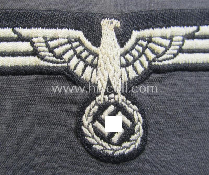 Neat, WH (Heeres) early- (ie. pre-) war-period- and/or white-coloured 'Panzer'-type breast-eagle of the so-called: 'M35'- (ie.'M36'-) pattern as was executed in the neat 'BeVo'-weave pattern on a black-coloured background
