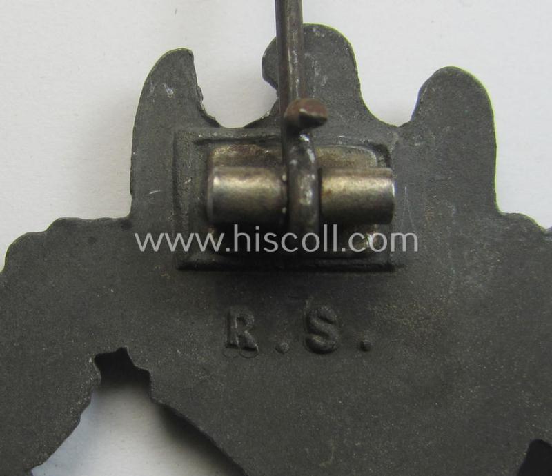 Neat, 'variant'-pattern, zinc- (ie. 'Feinzink'-) based example of an: 'Infanterie-Sturmabzeichen in Silber' being a maker- (ie. 'R.S.'-) marked example as produced by the Austrian maker (ie. 'Hersteller') 'Rudolf Souval' based in Wien (Vi...