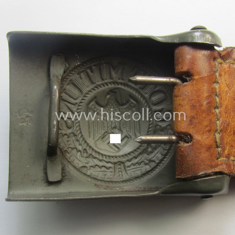 Superb - and 'virtually mint'! - WH (Heeres) field-grey-toned- and steel-based belt-buckle being a maker- (ie. 'H.A. 42'-) marked example that comes mounted onto its: 'H. Arld - Nürnberg'-marked and/or: '1942'-dated tab