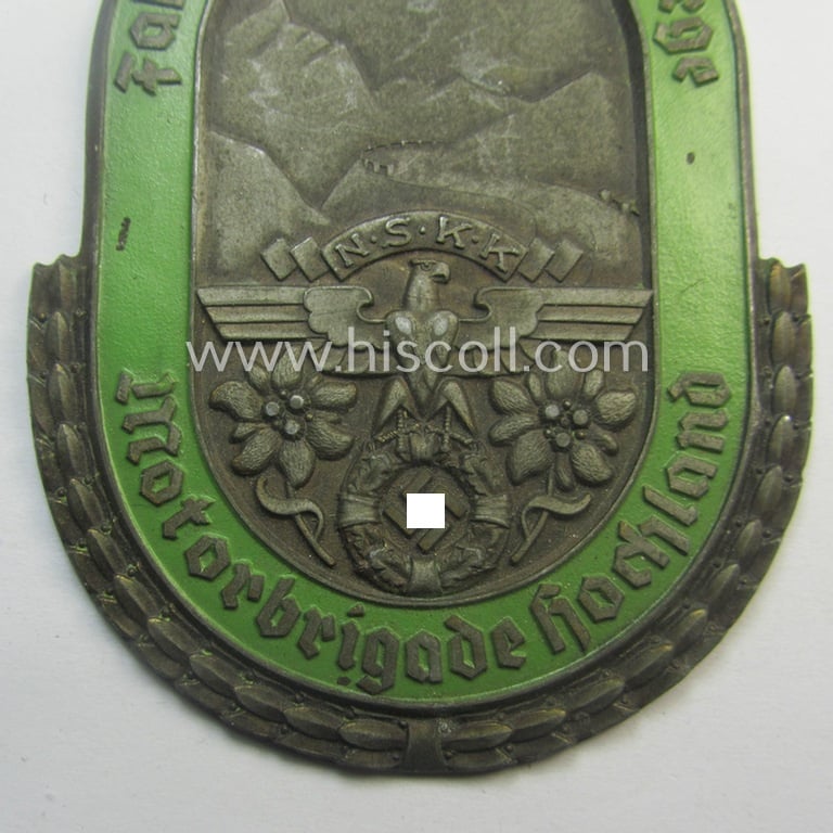 Commemorative N.S.K.K.-related plaque (ie. 'Erinnerungs- o. nichttragbare Plakette') showing a landscape-scenery, typical N.S.K.K.-eagle-device and text: 'Fahrt durch Bayerns Berge - Motorbrigade Hochland - 1937'
