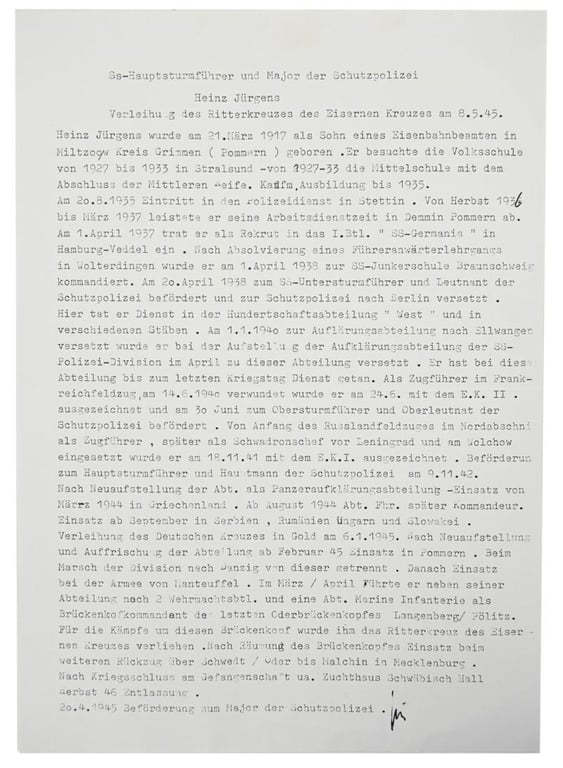 Signature of Waffen-SS KC Recipient 'Heinz Jürgens'
