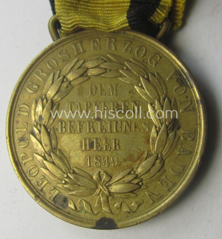 Grossherzogtum Baden, 'Gedächtnis-Medaille für 1849' that comes mounted onto its period ribbon (ie. 'Bandabschnitt') as issued and found