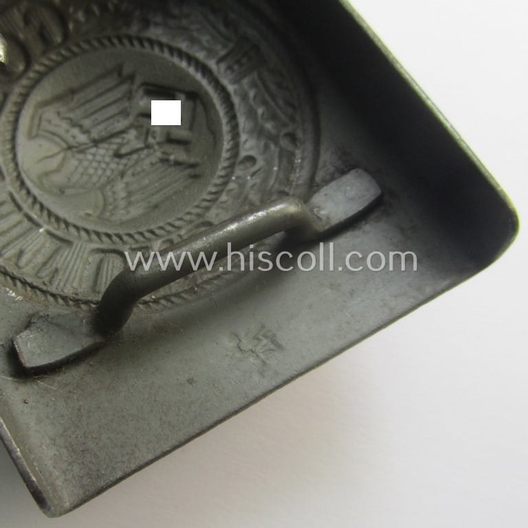 Superb - and 'virtually mint'! - WH (Heeres) field-grey-toned- and steel-based belt-buckle being a maker- (ie. 'H.A. 42'-) marked example that comes mounted onto its: 'H. Arld - Nürnberg'-marked and/or: '1942'-dated tab