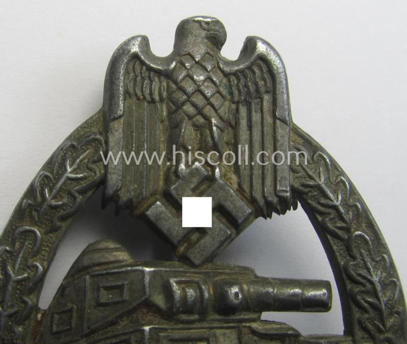 'Panzerkampfabzeichen in Silber' (or: silver-class panzer-assault badge or PAB) being a typical non-maker-marked- and/or zinc- (ie. 'Feinzink'-) based specimen of the 'scooped flatback'-pattern