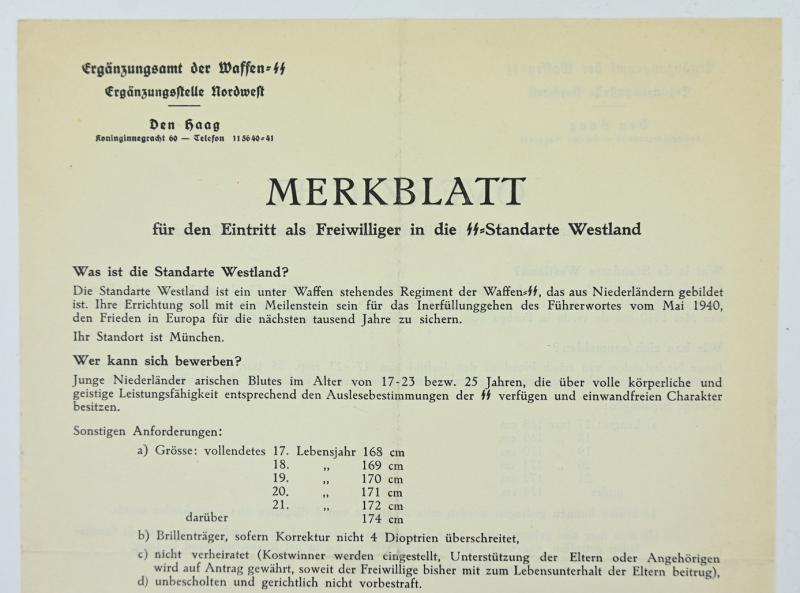 Dutch Waffen-SS Recruitment Form ''Westland'