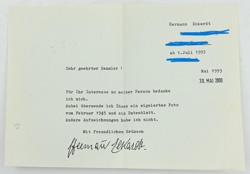 Signature of Wehrmacht Heer KC Recipient 'Hermann Eckhardt'