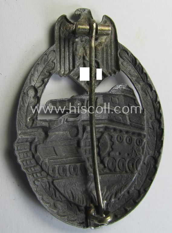 Superb, 'hollow-back' 'Panzerkampfabzeichen in Silber' (or: silver-class panzer-assault badge or PAB) being a clearly maker- (ie. 'A'-) marked- and/or typical zinc- (ie. 'Feinzink'-) based specimen as was procuced by the: 'Assmann'-company