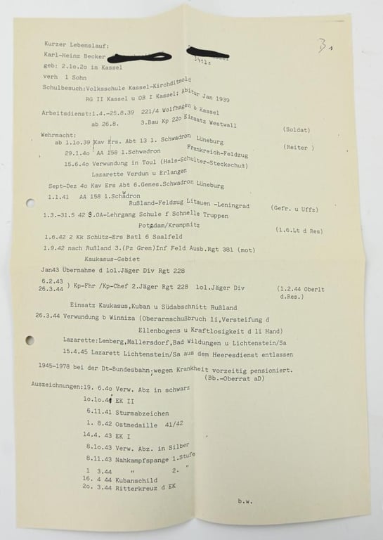 Signature of Wehrmacht Heer KC Recipient 'Karl-Heinz Becker'