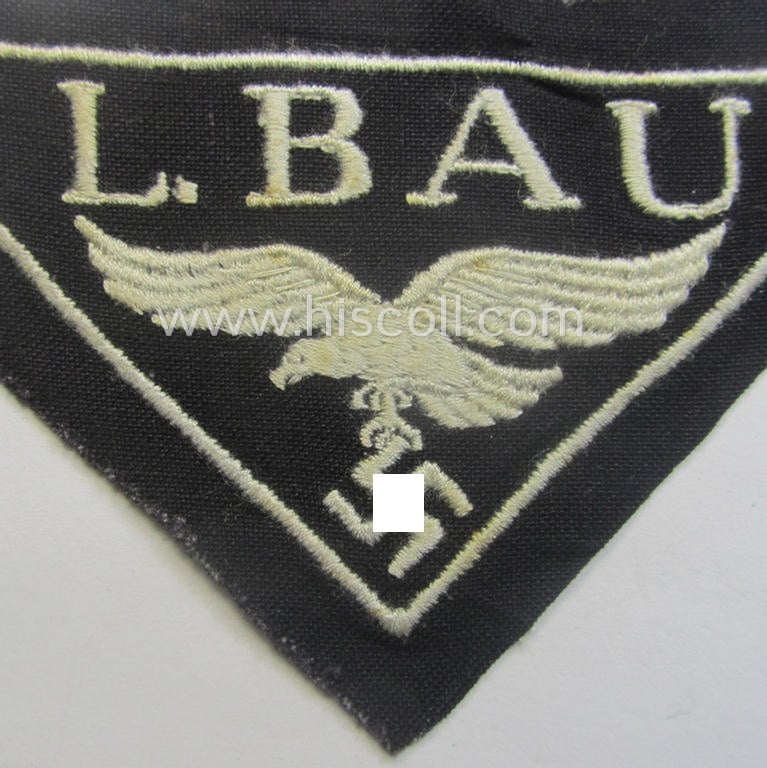 WH (Luftwaffe)-related- (EM- ie. NCO-pattern-) machine-embroidered breast-badge ie. eagle-device showing the text: 'L. Bau' as was (I deem) specifically intended for staff working within the WH 'Generalluftzeugmeister'- (ie. 'GL'-) organisation