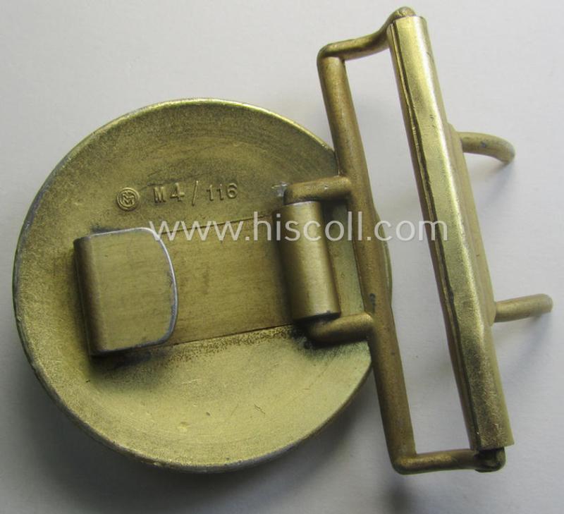 'N.S.D.A.P.'- (ie. 'politischen Leiter'-) related bright golden-toned- and/or aluminium-based belt-buckle being a maker- (ie. 'RzM' - 'M4/116'-) marked example that comes in a moderately used- ie. worn, condition