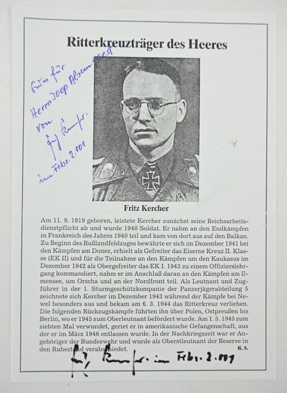 Signature of Wehrmacht Heer KC Recipient 'Fritz Kercher'