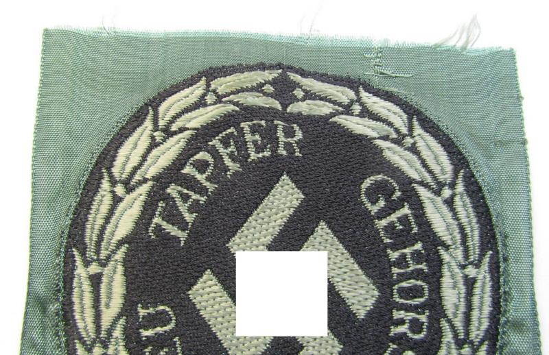 Attractive - and actually scarcely encountered! - (I deem) EM- (ie. NCO-) type, so-called: 'Schutzmannschaften' (or: 'Schuma') armshield as executed in greyish-coloured thread on a black-coloured- (ie. 'Polizei'-related-) background