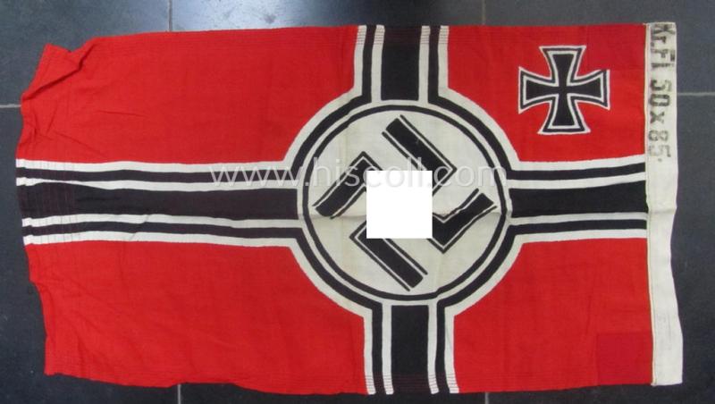 Stunning - and rarely found! - smaller-sized, WH (Kriegsmarine) so-called: 'Reichskriegsflagge o. U-Boot-Fahne' being a: 50 x 85 cms.-sized- and/or clearly maker-marked example that comes in an overall wonderful and fully untouched, condition