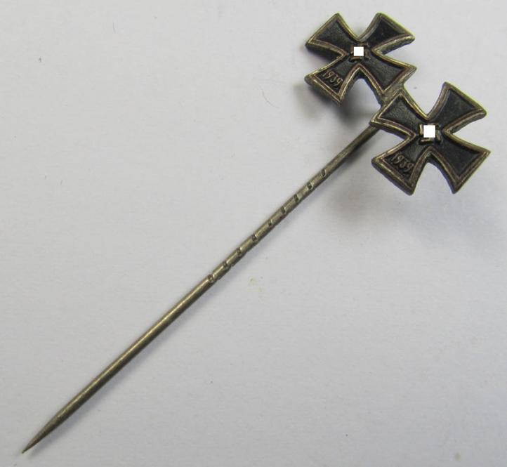 Detailed, 9-mm.-sized medal-lapel-pin, being a non-maker-marked example depicting respectively: an 'EK I. Klasse' and an: 'EK II. Klasse'