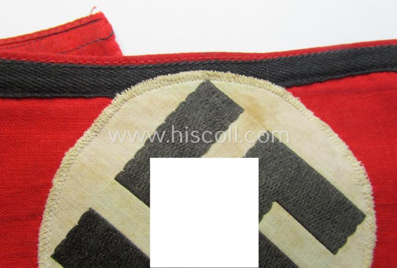 Superb - rarely encountered and just moderately used! - so-called: 'Allgemeine-SS'-related armband (ie. 'Armbinde') being a printed specimen showing a separately-applied (and neatly 'BeVo'-woven!)  swastika (ie. roundel) attached