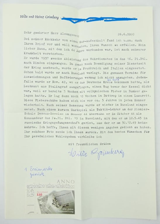 Signature of Wehrmacht Heer KC Recipient 'Paul “Heinz” Grimberg'