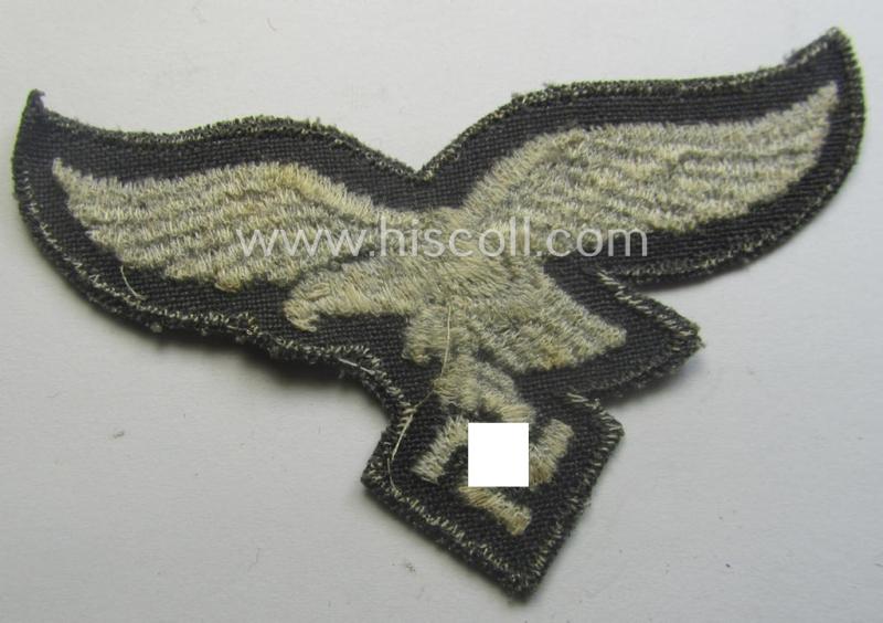 'Variant'-pattern WH (Luftwaffe) EM- (ie. eventually NCO-) type side-cap eagle (being a 'virtually mint- ie. unissued' example as executed in typical machine-embroidered-pattern onto an unusally seen 'thin-shaped'-background)