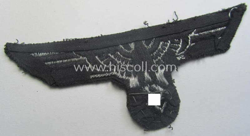 Truly used- and carefully tunic-removed, WH (Heeres) early- (ie. pre-) war-period 'Panzer'-officers-type breast-eagle of the so-called: 'M35'- (ie.'M36'-) pattern as was executed in the 'BeVo'-flat-wire-woven pattern