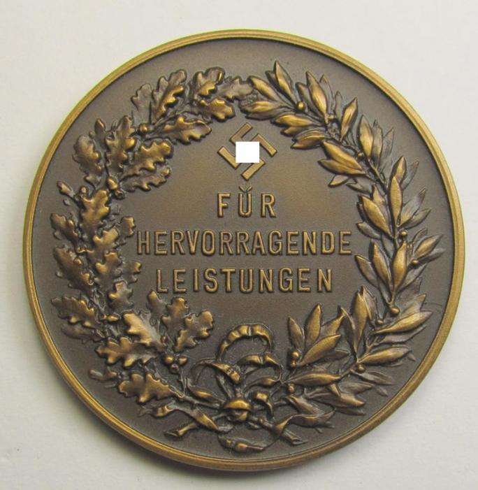 Third-Reich-period, bronze-toned- (ie. I deem 'Buntmetall-based') so-called: 'Haupt- und Handelsstadt Gera'-related commemorative-plaque entitled: 'Für hervorragende Leistungen' and that comes stored in its period etui