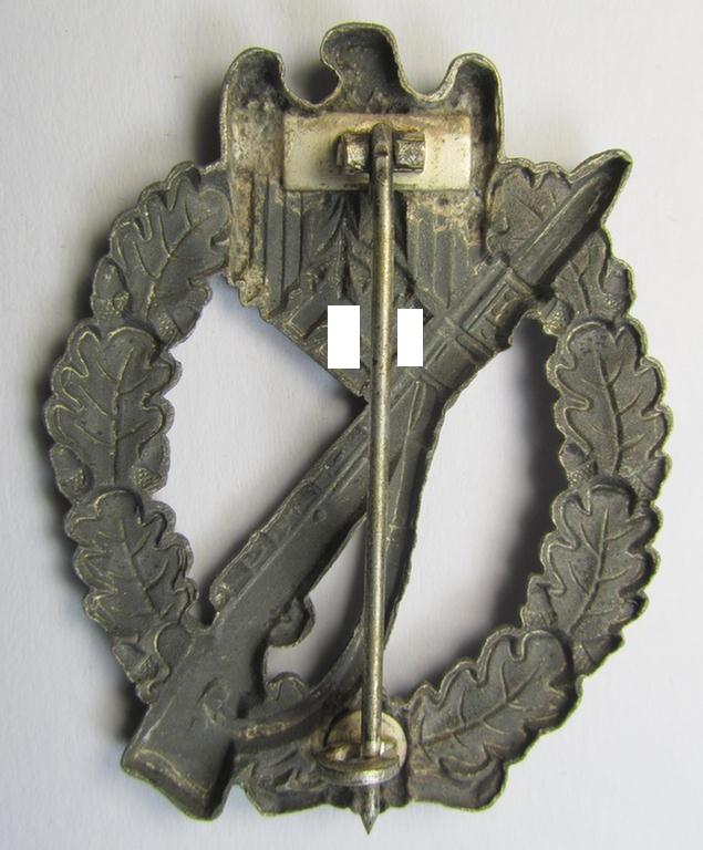 Attractive, 'hollow-back' 'Infanterie Sturmabzeichen in Silber' (or: silver infantry-assault badge ie. IAB) being a non-maker-marked example as executed in zinc-based metal (ie. 'Feinzink') as was produced by the: 'Wilh. Deumer'-company