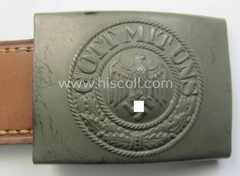 'Virtually mint', 'standard-issue'-pattern, WH (Heeres) field-grey-toned- and steel-based belt-buckle being a maker- (ie. 'R.S.&S.'-) marked example that comes mounted onto its 'R. Sieper u. Söhne'-marked and/or '1940'-dated tab