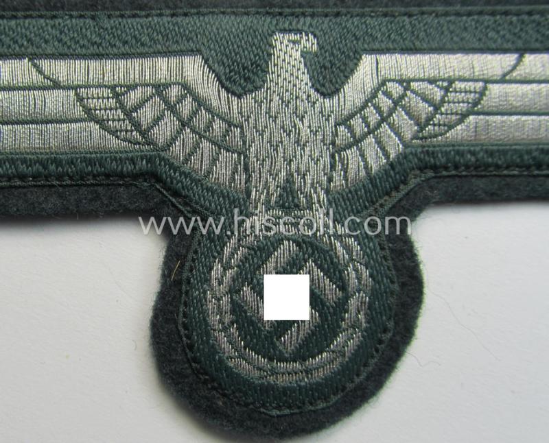 WH (Heeres) breast-eagle as executed in 'BeVo'-type-, so-called: 'flat-wire'-weave-pattern and pre-mounted on darker-green-coloured wool as was specifically intended for usage by soldiers (ie. NCOs) on their dress-tunics (ie. 'Waffenröcke')