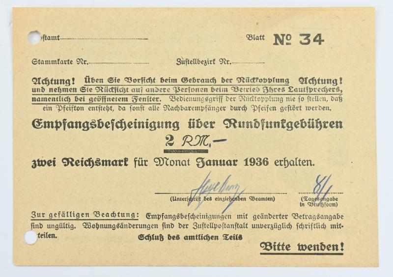 German Third Reich Period Certificate of receipt for broadcasting fee