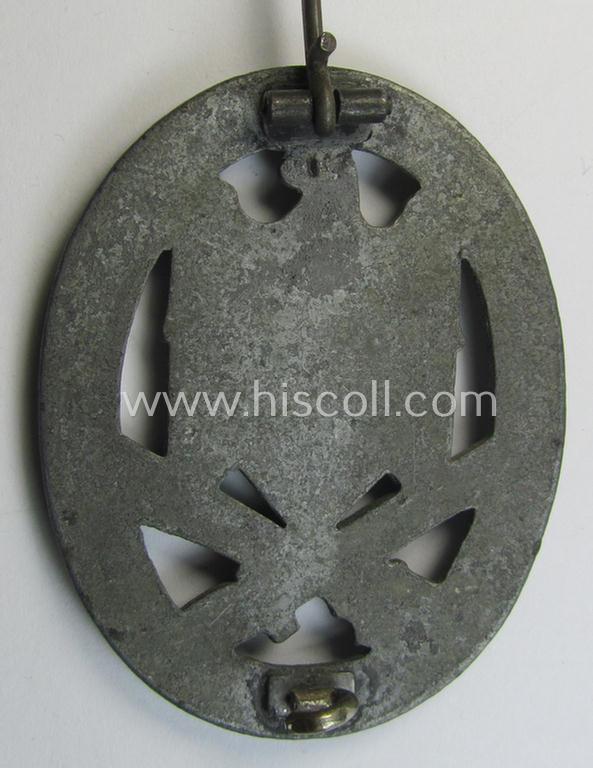 Attractive, 'Allgemeines Sturmabzeichen' (or: General Assault Badge ie. GAB) being a non-maker-marked, zinc- (ie. 'Feinzink'-) based: 'flat-back-variant' as was (presumably) produced by the maker (ie. 'Hersteller'): 'Funcke & Brünninghaus'