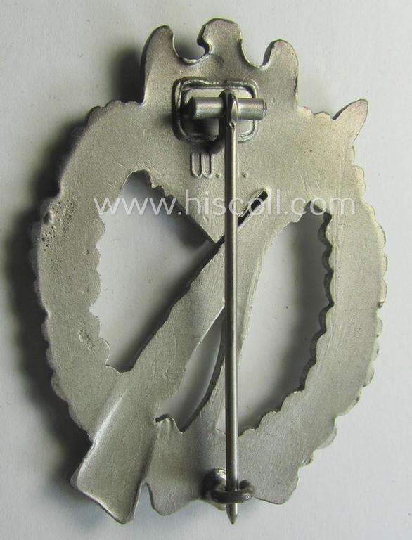 Stunning - and 'virtually mint'! - 'Infanterie Sturmabzeichen in Silber' being a maker- (ie. 'W.H.'-) marked, 'solid-back' example by the Austrian-based maker: 'Wilhelm Hobacher' as was executed in bright silver-coloured, zinc-based metal