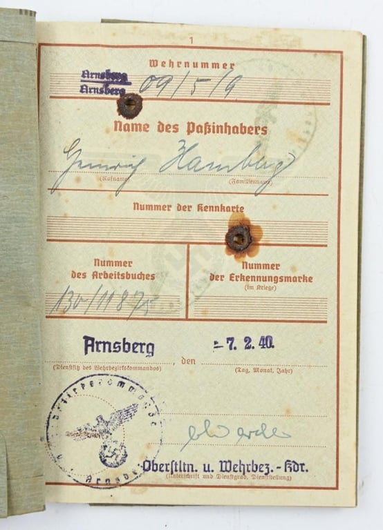 German WH Wehrpass and Document 'Heinrich Hamburgs'