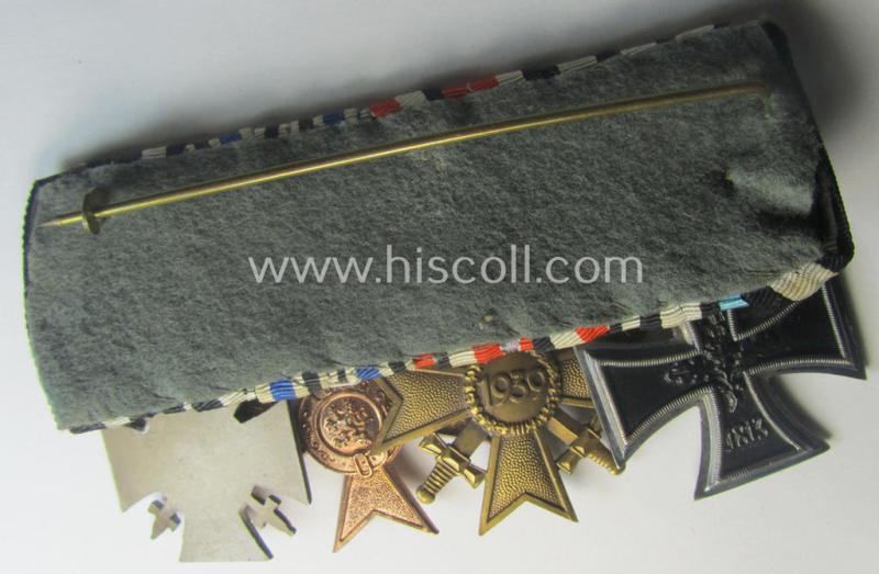 4-pieced, WWI- (ie. TR-) period medal-bar (ie.: 'Ordenspange') resp. showing a WWI-pattern: 'EKII. Kl.', a: 'KvK II.Kl. mit S.', a: 'Bayern Militär-Verdienstkreuz 3. Kl. mit Schwn.' and a: 'FKK 1914-18 mit Schwn.'