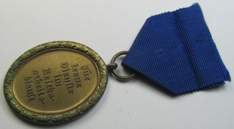 Attractive example of a: RAD (ie. 'Reichsarbeitsdienst'): 'Dienstauszeichnung 4. Stufe für Männer' as was intended for 4 years loyal-service and that comes mounted onto its period (broad-sized) ribbon (ie. 'Bandabschnitt')