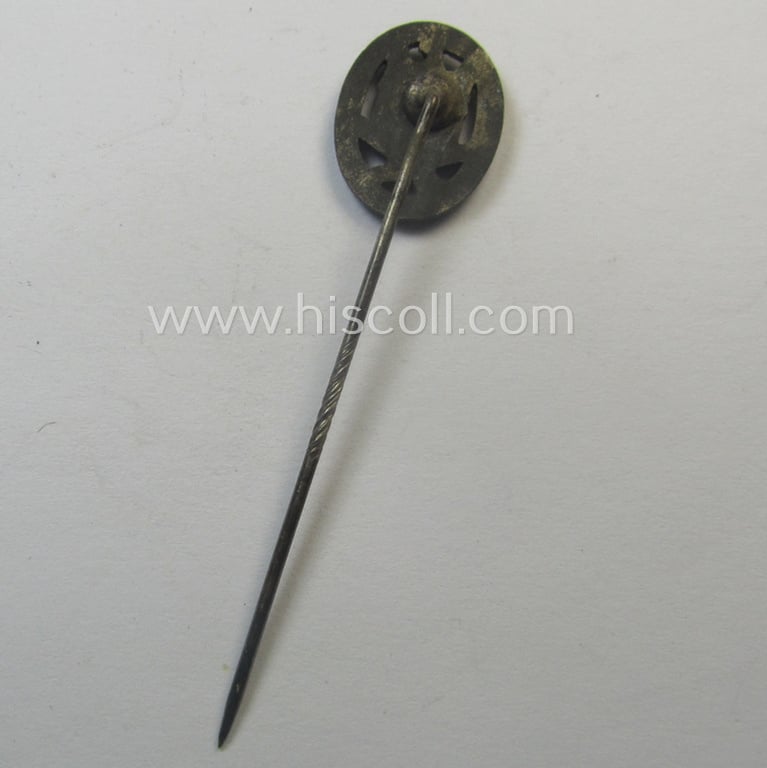 Miniature-lapel-pin depicting an: 'Allgemeines-Sturmabzeichen' (or: general-assault-badge ie. GAB) being a non-maker-marked example as executed in greyish-silver-coloured zinc-based metal (ie. 'Feinzink')
