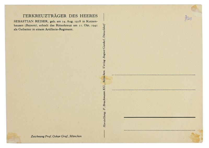 German Postcard Knight's Cross Recipient 'Sebastian Reiser'