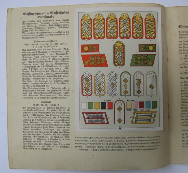 Neat, medium-sized, period-publication ie. album entitled: 'Deutschlands Wehrmacht', full of colour-plates on uniforms and/or insignia, holding 11 (of its original 12) colourfull post-cards - nice, albeit moderately used, condition! 